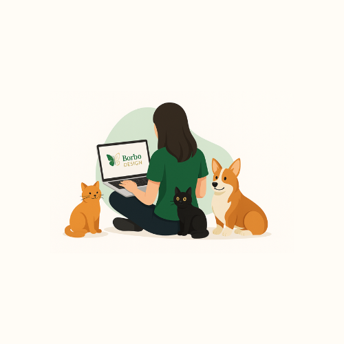 Flat illustration showing the BorboDesign creator working on a laptop with a corgi and two cats in a minimalist green and gold style.