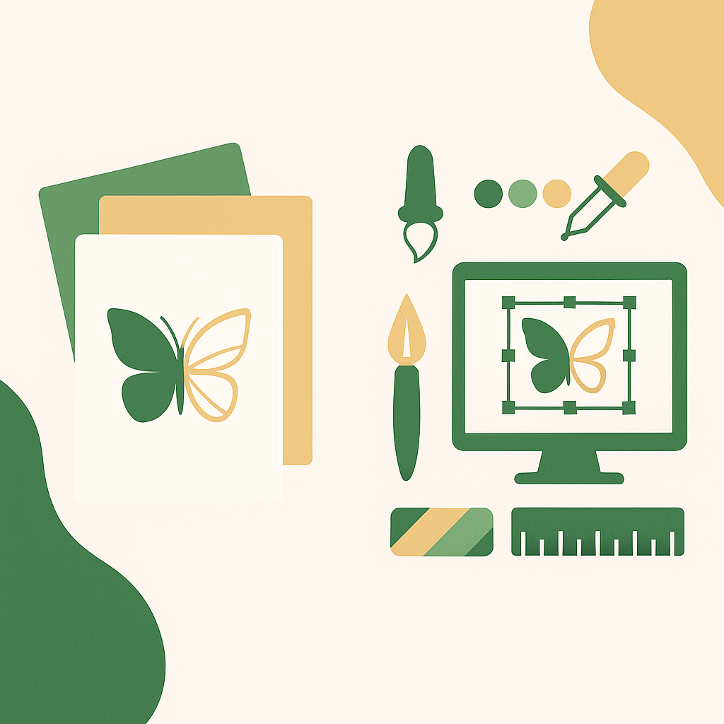 Flat illustration showing card design and branding elements in BorboDesign colors (green and gold)