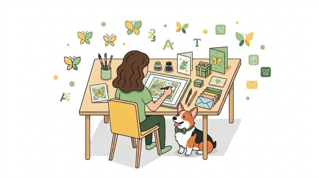 Female designer creating personalised greeting cards at a desk with a tricolor corgi dog wearing a green bowtie in a minimalist creative studio illustration.